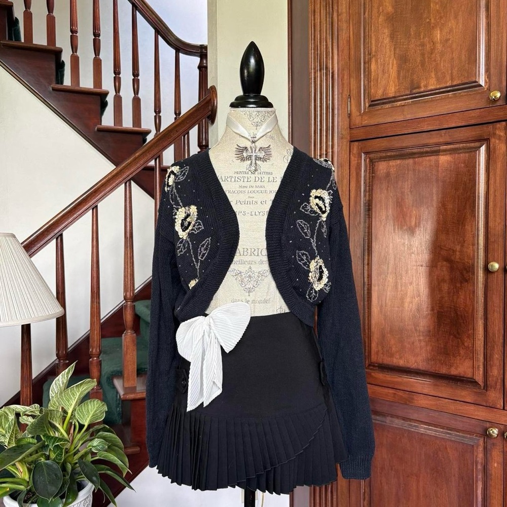 Vtg Beaded Sequin Cardigan Shrug Black